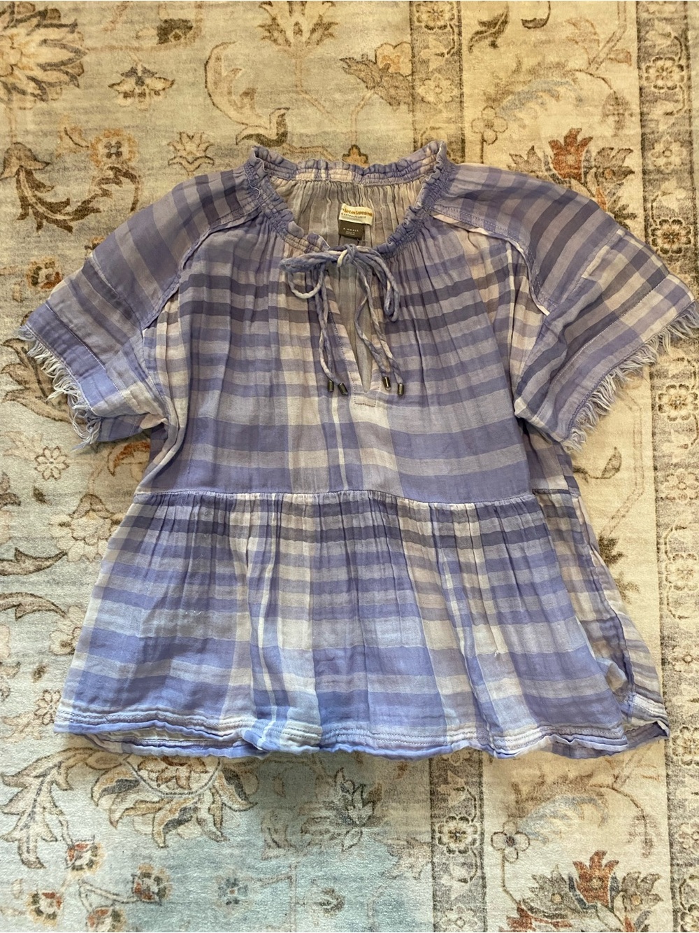 Anthropologie Light Purple Plaid Peasant Top
